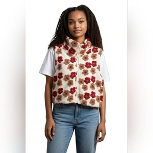 BAEVELY Whimsical Floral Winter Wool VEST Ladies Large Full Zip Pockets Colorful